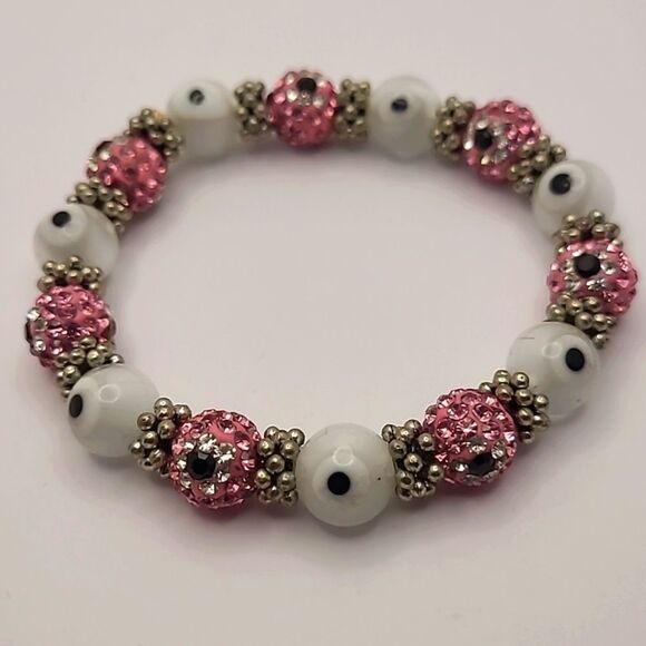 Pink Jeweled Evil Eye White Bead Stretch Bracelet - Picture 3 of 3